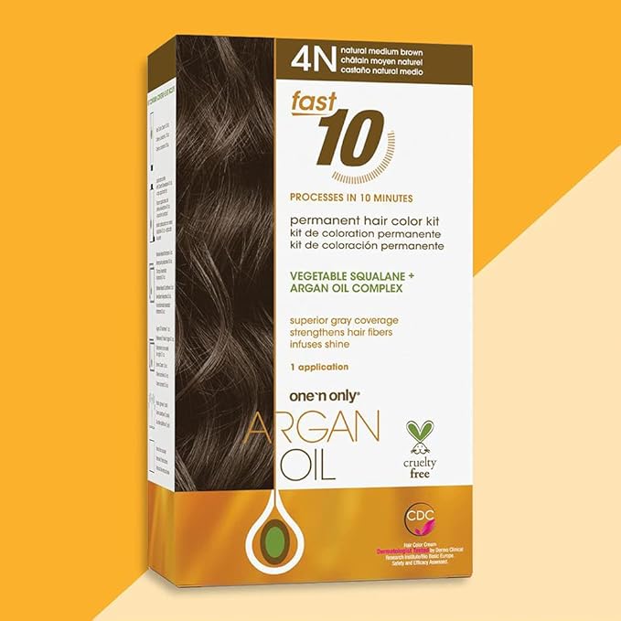 One 'N Only Fast 10 Permanent Hair Color Kit - Hair Dye for Women with Argan Oil to Maintain Moisture Balance - Advanced Micro-Pigments for Natural Tones (4N Medium Brown)