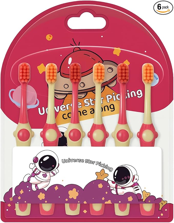 D & K Exclusives Kids Toothbrush Space Set Ages 3-12, 6-Pack Soft Bristle Toothbrushes for Children, Pink Rocket Astronaut, Gentle Oral Care with Comfortable Grip and Compact Brush Head