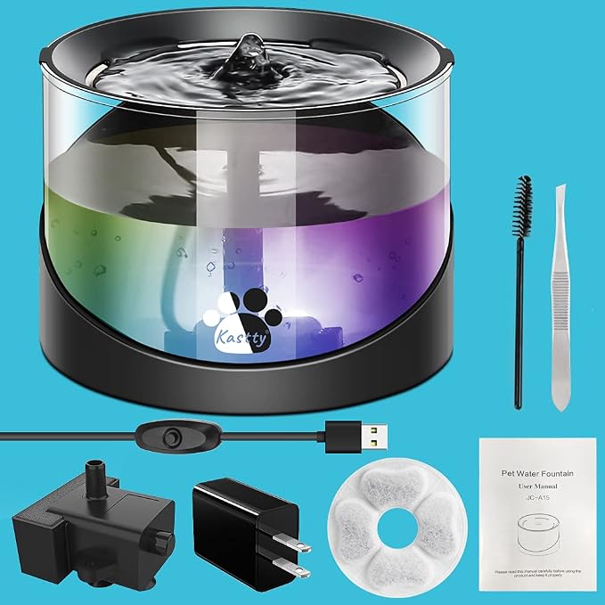 Kastty Cat Water Fountain, Pet Water Fountain for Cats Indoor, Cat Water Dispenser 2.2L/74oz, Super Quiet, Long Life Span Pump, Black+Colorful LED Light
