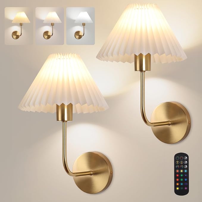 Wireless Wall Sconce Sets of 2, Pleated Shades Rechargeable Battery Operated Wall Sconce, Retro Industrial Gold Wall Lights Bathroom Vanity Sconces, Wall Mounted Lamps for Bedroom Living Room Kitchen