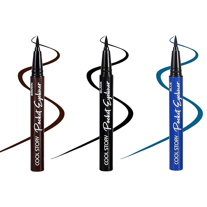 COOL STORY 3 Color Waterproof Liquid Eye Liner, Stay All Day Makeup with Fine Brush Tip Lasting Satin Finish, Smudge-Proof & Transfer-Resistant Black Brown Blue