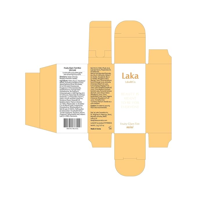 Laka Fruity Glam Lip Tint Mini, 1.9g/0.07oz, Glowing Lip Stain with Wide Color Spectrum, Hydrating & Lightweight Texture, Long-Lasting Bold Stain, Non-Sticky, Vegan, K-Beauty (#105 Cold)