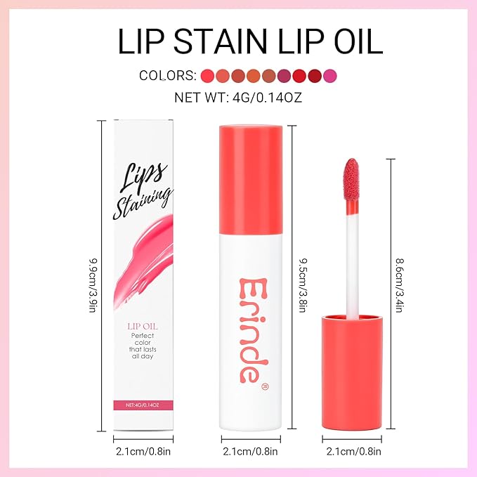 Erinde Lips Staining Lip Oil, Glossy Lip Stain, Long-Lasting Lightweight Lip Staining Oil, Moisturizing Plumping Hydrating Glossy Lip Tint, Vegan & Cruelty-Free, 07