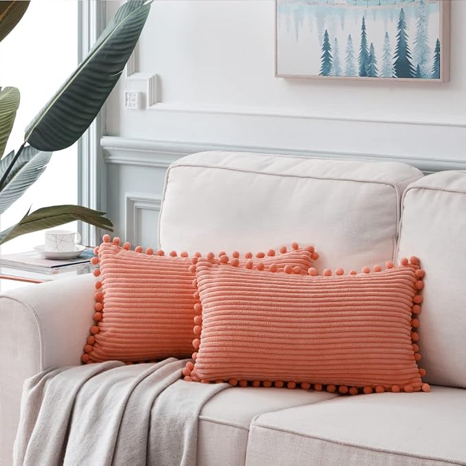 Fancy Homi Pack of 2 Coral Decorative Throw Pillow Covers 12x24 Inch with Pom-poms for Living Room Couch Bedroom, Soft Corduroy Peach Solid Lumbar Cushion Case 30x60 cm, Rustic Farmhouse Home Decor