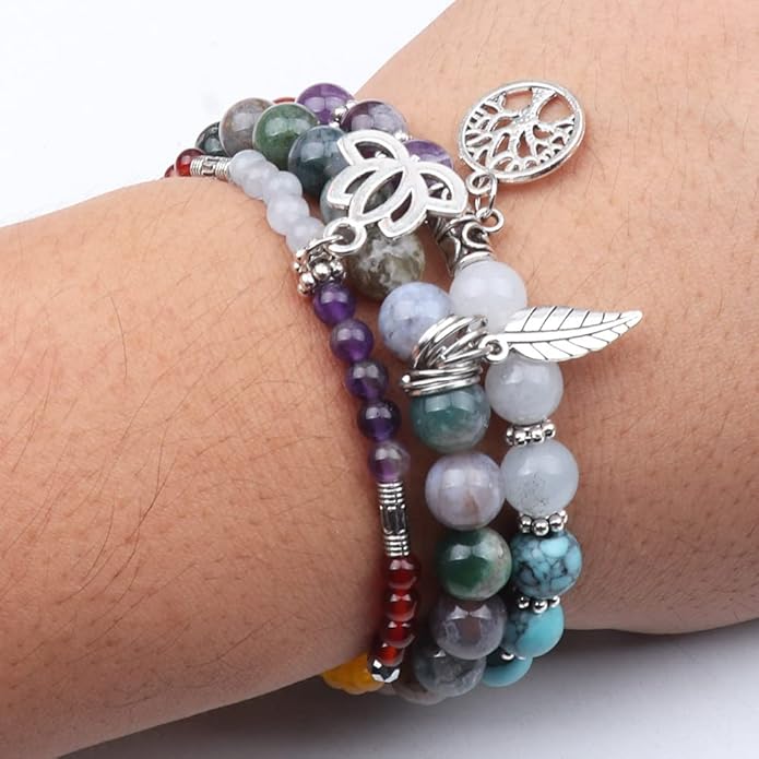 UEUC Tree of Life Yoga Healing Stone Bracelets,Multilayer Lotus Chakra Stone Reiki Bracelet Sets,Anxiety Crystal Natural Stone,for Women Stress Relief