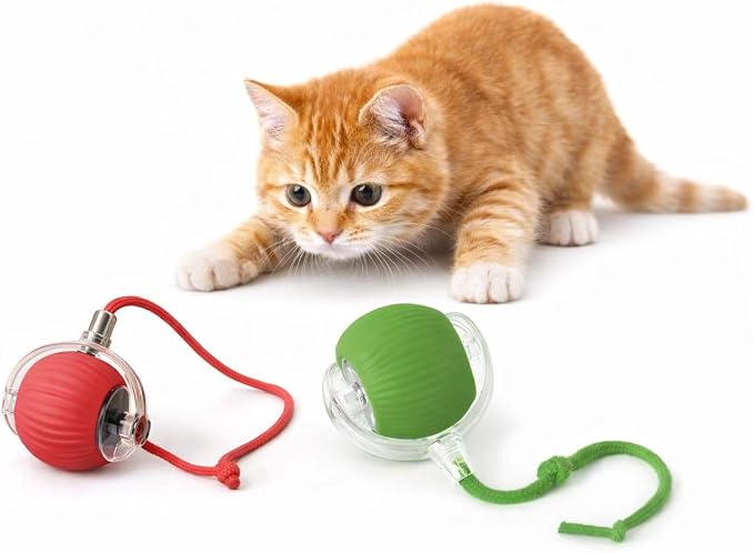 Interactive Rolling Cat Ball Toy with String, Motion Activated Automatic Cat Toy, USB Type C Rechargeable LED Light Pet Toy for Indoor Cats (Pink)