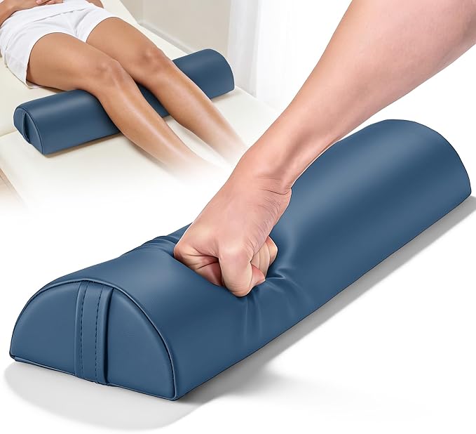 Semi-Round Massage Bolster, 21 x 6 x 3 in PU Leather Half Moon Lower Back Support Pillow Comfort Cushion for Massage Table, Positioning Bolster Neck Pad for Ankle Leg Pain Relief Side Sleeper - Blue