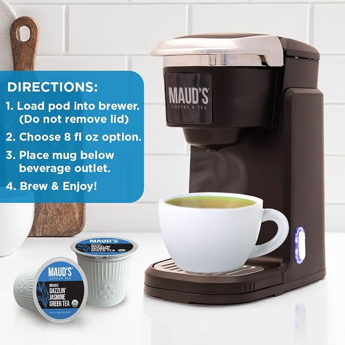 Maud's Organic Jasmine Green Tea Pods, 48 ct, Single Serve Tea Pods – 100% Gourmet Blended Tea Leaves, Compatible with Keurig K Cups Maker