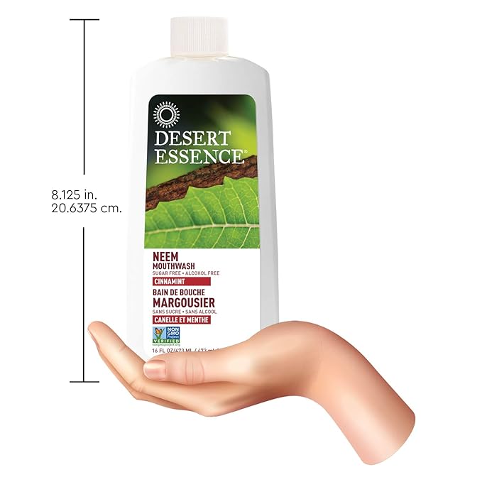 Desert Essence Alcohol-Free Mouthwash with Tea Tree Oil and Aloe, Sugar-Free, Oral Rinse to Fight Bad Breath & Dry Mouth, Vegan, Non-GMO, SLS-Free, Gluten-Free, Cinnamint Flavor, 16oz