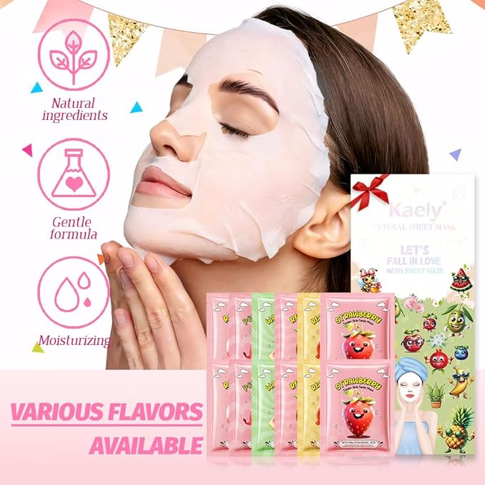 evpct 12-Pack Fruit Sheet Face Facial Masks for Women Skincare Spa, Facial Spa Day Slumber Sleepover Birthday Party Favors Supplies, Natural Ingredients, Hydrate and Soothe for All Skin Types, SetA04