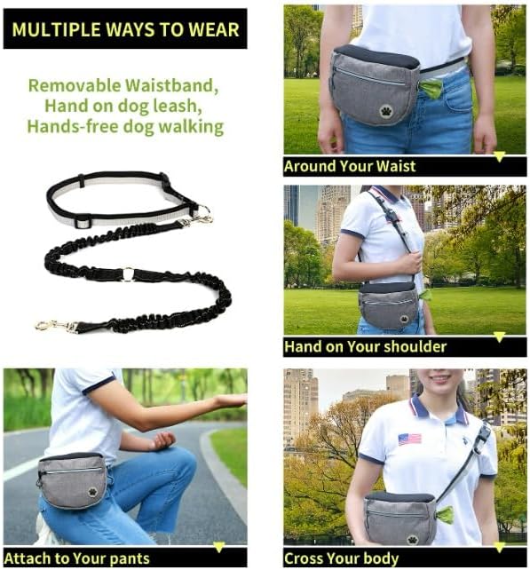 Dog Walking Waist Bag, Gray, Navy Blue, with Bungee Leash, Hands-Free Training Pouch, Treat Storage, Poop Bag Dispenser (Gray)