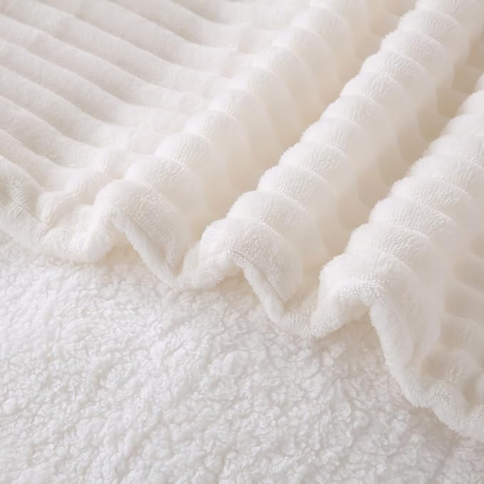 Cream White Sherpa Fleece Throw Blanket 90”×90”for Couch Sofa Bed | Double Side Soft Fuzzy Cozy Plush Thick Flannel Blanket with Striped Design Gift for Adults,Woman