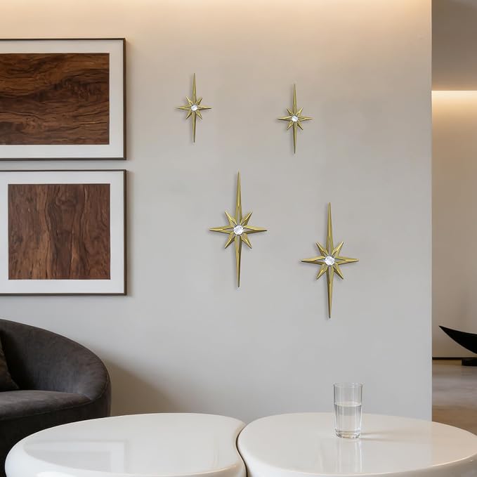 sxnzequnze 4 Pcs Star Wall Art for Home Decor Living Room Bedroom Office Metal 3D,Bling,with Hanging Hook Starburst Midcentury Sculpture Retro Gallery Accent Celestial -Gold 16.5in/9.4in