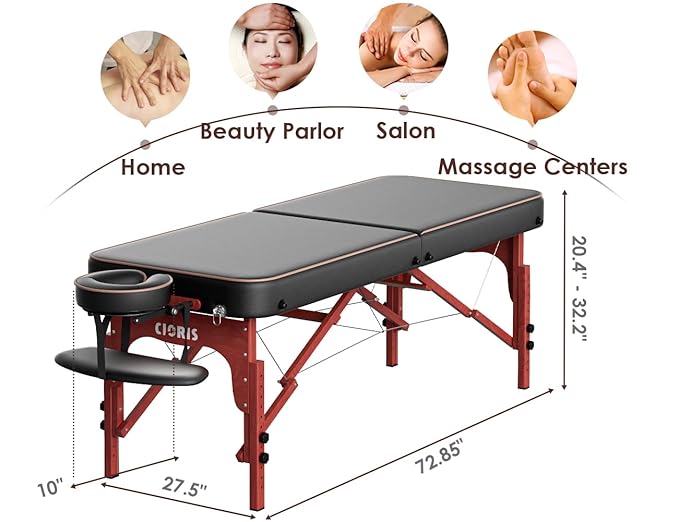 CLORIS 84" Professional Massage Table Portable Reinforced Wooden Leg Hold Up to 1100LBS 2 Folding Lightweight Spa Salon Tattoo Massage Bed Height Adjustable with Carrying Bag - Black
