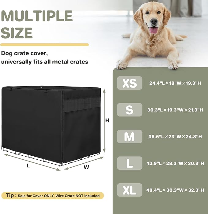 Seiyierr 48 Inche Dog Crate Cover, Double Door Dog Kennel Cover for Large Wire Dog Crate, Lightweight 600D Polyester Windproof Pet Crate Covers, Cover Only, Black
