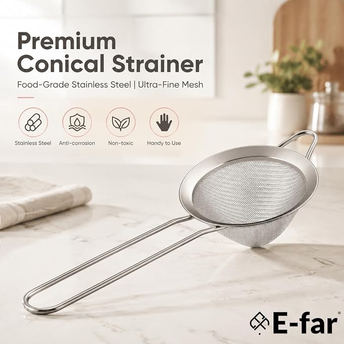 E-far Fine Mesh Strainer Set of 2, 3.3 Inches Stainless Steel Tea Strainer with Long Handle, Small Conical Mesh Strainers Sieve for Cocktail Coffee Food, Rust Proof & Easy to Clean (Silver)