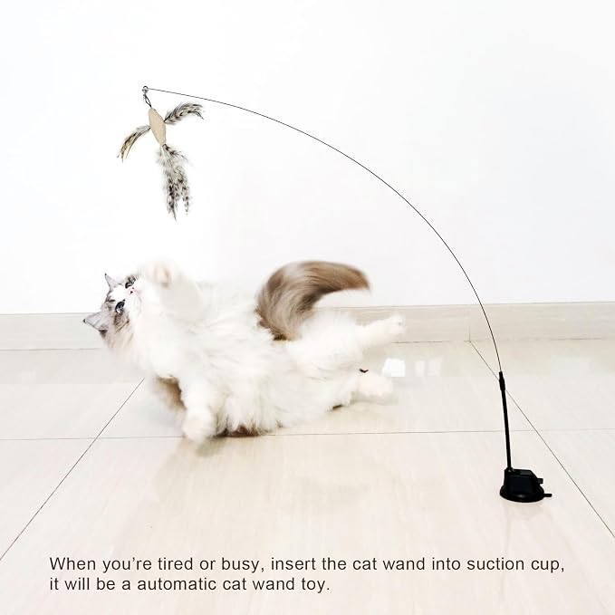 TTcat Suction Cup Cat Toy Wand, 2 in 1 Handheld & Free Standing Interactive Cat Teaser with 8 Pcs Replaceable Feather Bird Insect Refills, Long Flexible Wire Cat Wand Toy for Indoor Cat Self Play.