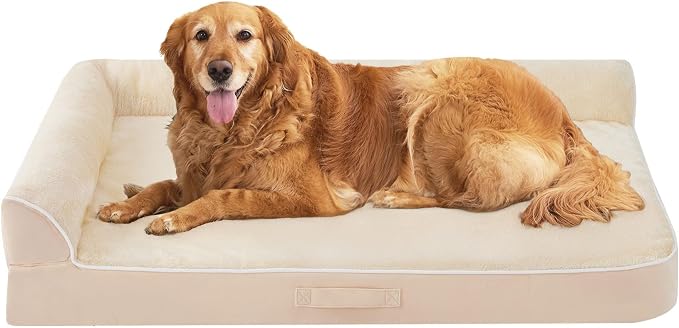 XXL Orthopedic Dog Bed, Extra Large Dogs, 48"x35"x7.5", Beige | Waterproof, Washable Cover, L-Shaped Pet Couch, Egg-Crate Foam for Pressure Relief, Portable Handle