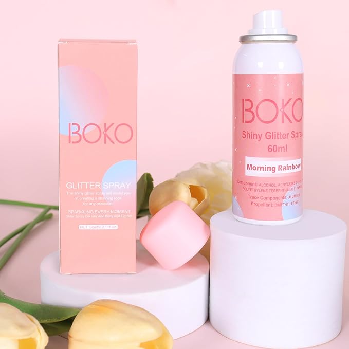 Boko Body Glitter Spray, 60ML Holographic Silver Glitter Spray for Body Hair Clothes, Quick-Drying and Long-Lasting Glitter Hairspray Body Shiny for Festival Music Concert Party Rave Accessories