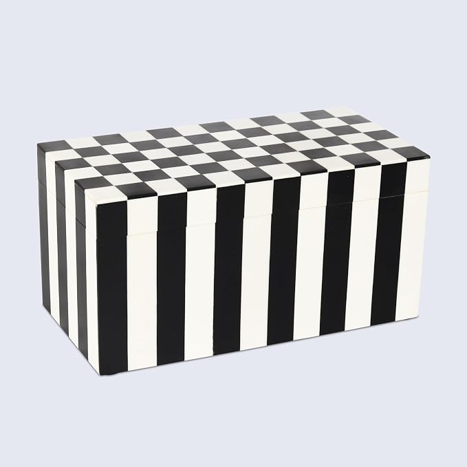 Handicrafts Home Large Decorative Storage Box with Lid, Black and White Keepsake Storage Box, Decorative Jewelry & Memory Box for Coffee Table, Shelf & Bedroom Decor, Puzzle Check - 10 x 5 x 5 Inch