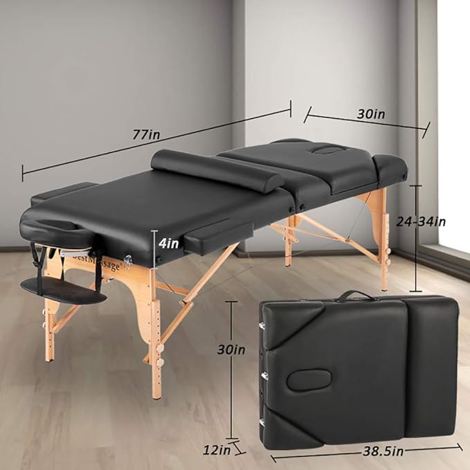 BestMassage Massage Bed Portable Massage Table 77" L 30" W 4" THK Lash Bed Height Adjustable 3 Folding PU Leather Spa Table with Oxford Bag for Spa Footmassage Facial CareSpa Tattoo