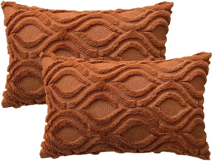 MIULEE Burnt Orange Fall Plush Faux Wool Lumbar Throw Pillow Covers 12x20 | Set of 2, Farmhouse Boho Home Decor, Decorative Cushion Covers for Sofa, Living Room, Bed