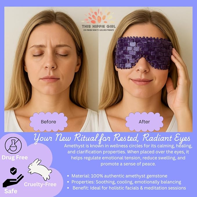 This Hippie Girl Amethyst Eye Mask – Natural Crystal Facial Mask for Puffiness, Dark Circles & Tension Relief. Cooling Spa Stone for Relaxation, Skincare & Beauty Routine
