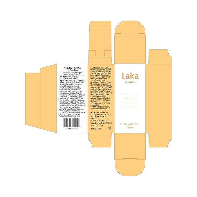 Laka Fruity Glam Lip Tint Mini, 1.9g/0.07oz, Glowing Lip Stain with Wide Color Spectrum, Hydrating & Lightweight Texture, Long-Lasting Bold Stain, Non-Sticky, Vegan, K-Beauty (#112 Ping-pong)
