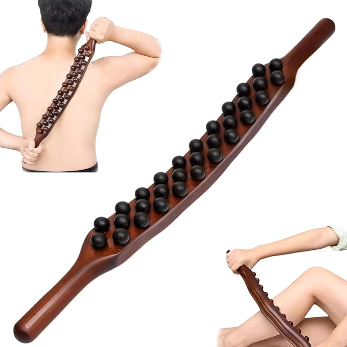 Wood Massage Tools 31 Bead Massage Stick Ergonomic Cellulite Massager with Handle Polished Massage Tools for Full Body Guasha