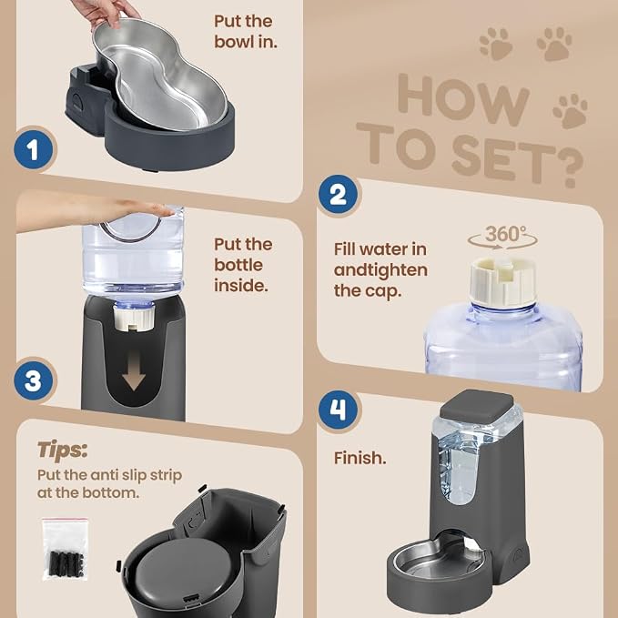 1 Gallon Automatic Cat Feeder Gravity Stainless Steel Water Dispenser Dog Feeder for Small Medium Puppy Kitten Pets Water Feeding Bowls,Charcoal Gray