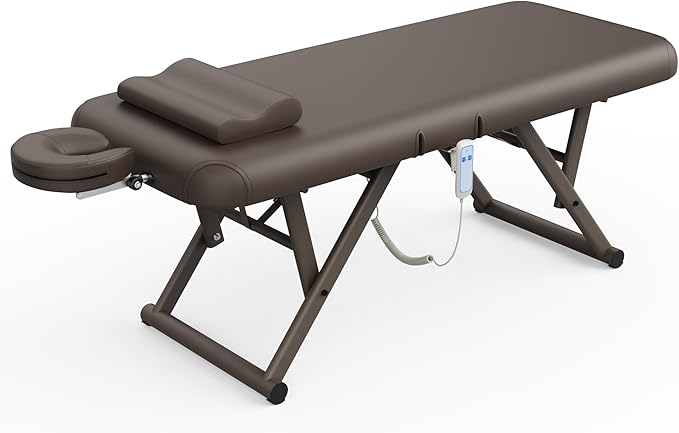 pouseayar Adjustable Massage Table with Face Pillow & Headrest, Silent and Easy to Adjust for Treatment Table Physical Therapy Table Spa Facial Bed - Adjustable Backrest, Electric Leg Lifting, Brown