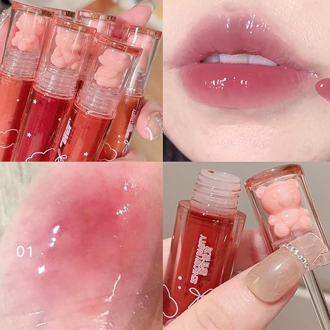 6 Colors Bear Lip Gloss,Jelly Lip Glaze,Cute Liquid Lipstick Bear Lip Stain Watery Lipgloss Plumping Lip Tint Moisturizing Waterproof Long Lasting for Lip and Cheek