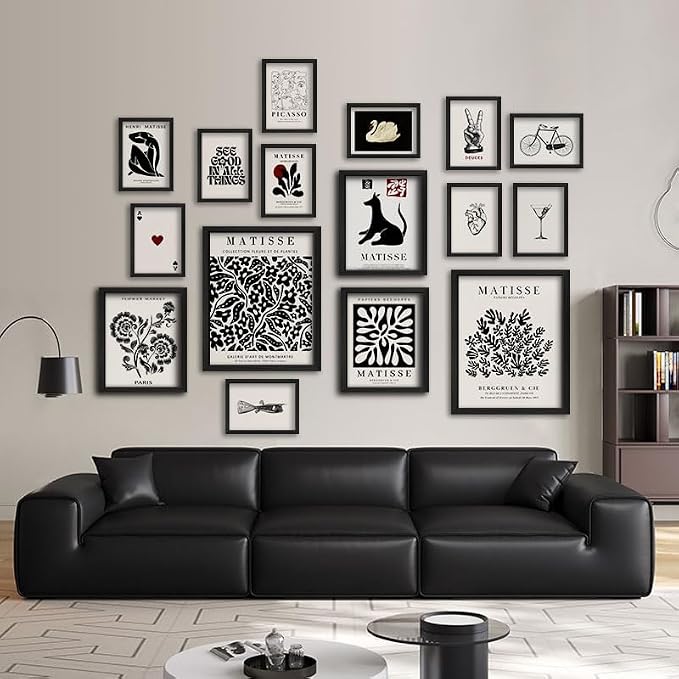 16 PCS Framed Black and White Wall Art Decor, Matisse Abstract Wall Prints for Bedroom, Gallery Wall Frame Set, Minimalist Posters for Living Room Aesthetic, Collage Kit, Dorm Home Artwork