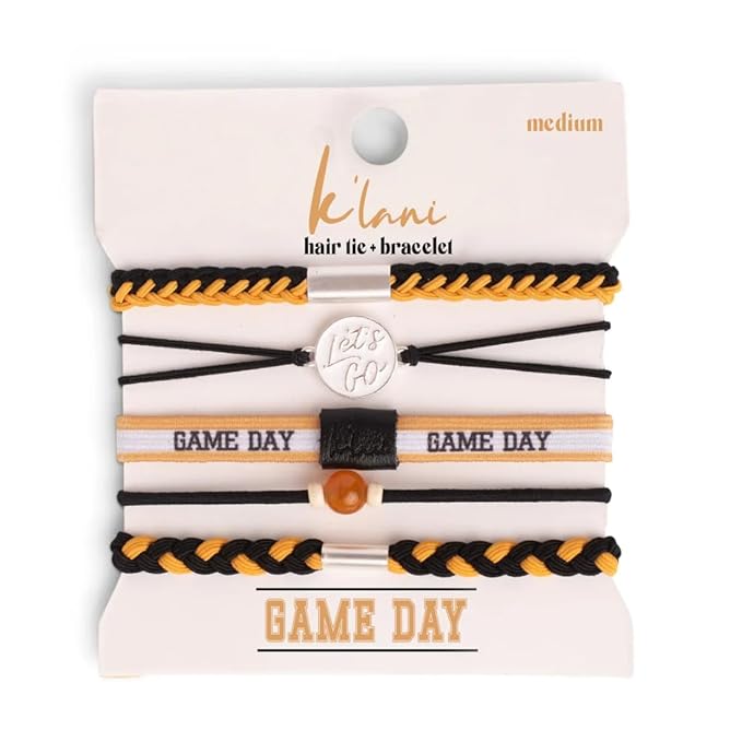 K'lani Game Day Hair Tie Bracelets – 5-Pack Stretchy No-Crease Hair Ties & Stylish Bracelets – Team Color Accessory for Hair or Wrist - Black & Gold, Medium