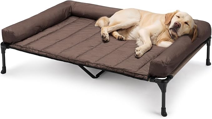 Veehoo Outdoor Elevated Dog Bed with Waterproof Bolster Cushion, Cooling | Raised Dog Bed with Removable & Washable Mat Topper, Breathable Mesh, Dog Couch Cot for Indoor Outdoor, 49", Large, Brown