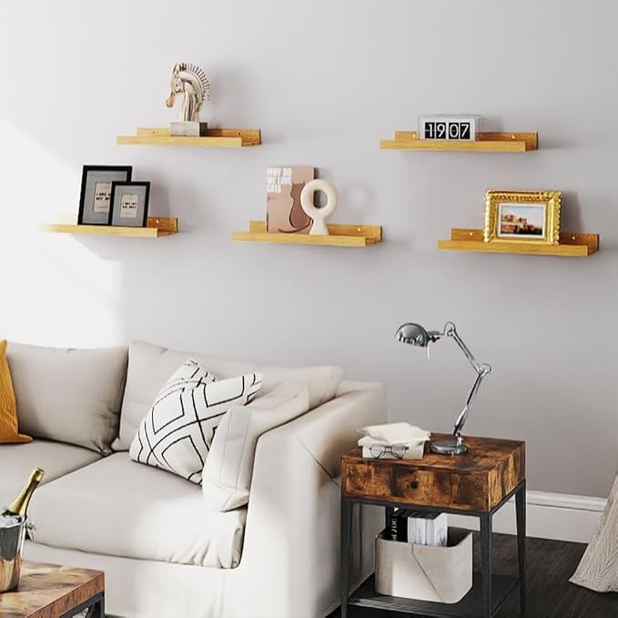RICHER HOUSE 8-Set Floating Shelves with Lip, Oak Wall Mounted Wood Shelf | Display Picture Ledge Shelf, Anti-drop lip Shelf for Room Wall Decor, Bedroom Bathroom Storage Nursery Hanging Book Shelves