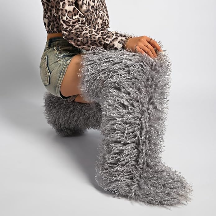 SWEETHEART BEAUTY Thigh High Shagy Teddy Fur Boots, 29 Inch Over the Knee Length Fluffy High Boots, Tall Furry Shoes For Women