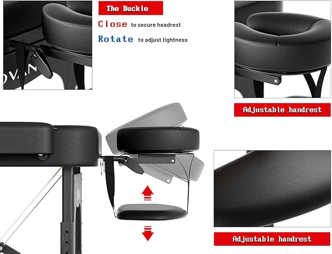 Professional Massage Table Portable 2 Fold Premium Elastic Foam Wooden Leg Hold Up to 1100LBS 10 Heights Adjustable with Carrying Bag All Black