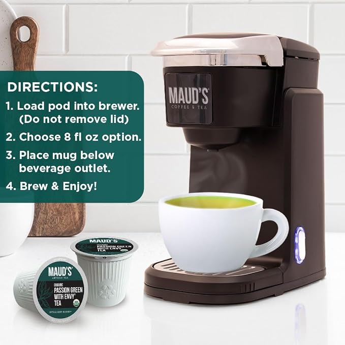 Maud's Organic Passion Green Tea Pods, 48 ct, Single Serve Tea Pods – 100% Gourmet Blended Tea Leaves, Compatible with Keurig K Cups Maker