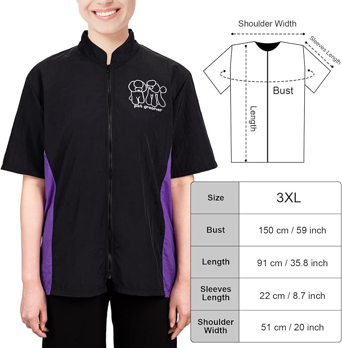 Pet Grooming Uniform Dog Cat Groomer Smock for Men Women, Short Sleeve, 3XL | Anti-Static & Splash Proof Pet Beautician Uniforms, Hair Repellent Smock & Trousers for Professional Dog Cat Grooming Salon