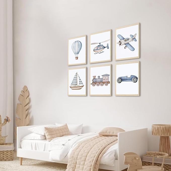Nursery Car Wall Art Set of 6, Baby Boys Poster Canvas Prints, Blue Kids Car Train Plane Boat Hot Air Balloon Wall Decor Toddler Vehicle Painting Watercolor Artwork Picture 8x10 inch Unframed