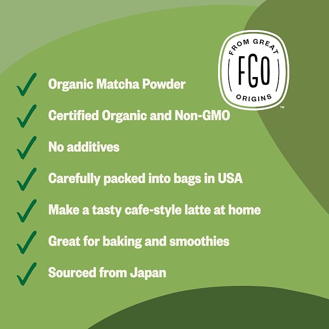 FGO Organic Matcha Green Tea Powder - Organic Matcha for Lattes, Smoothies & Baking - USDA Organic & Non-GMO - 16oz Resealable Bag