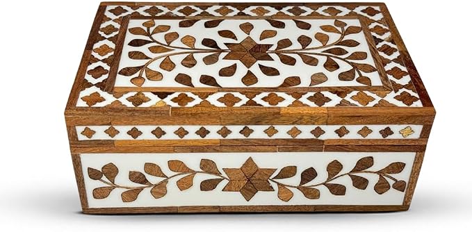 Perilla Home Home Decor Decorative Storage Wooden Box Small Floral Organizer Tool Stash Card Craft Treasure Trinket Memory Keepsake Jewelry Box for Men and Women, Gifts For All, Brown and Off White