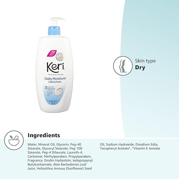 Keri Whole Body Therapy Original, Continuous Moisturization, 3 Essential Moisturizers (Vitamin E, Aloe and Sunflower Seed Oil), 20 Oz