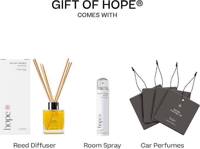 Doctor Aromas Gift of Hope Bundle: Essential Oil Reed Glass Jar Diffuser Set + Room Spray + 4X Car Perfume – Elegant Odor Eliminator and Air Freshener Scent Aromatherapy Gift