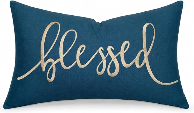 EURASIA DECOR Blessed Embroidered Lumbar Pillow Cover 12x20, Teal | Raised muted gold script on teal; scripture faith gift, cotton, hidden zip, solid back, cover only