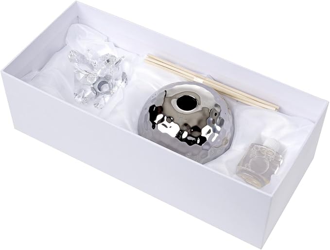 Debora Carlucci Italian Silver Hammered Finish Aromatherapy Diffuser,Crystal Lotus Top w/Wood Wicks Scent Included