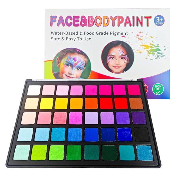 Face Painting Kit for Kids, 40 Colors Non-Toxic Water Activated Face Paint Palette, Facepaint Makeup Kit with Stencils, Brushes, Gems,for Halloween,Christmas, Birthday Parties, Carnival, School Event