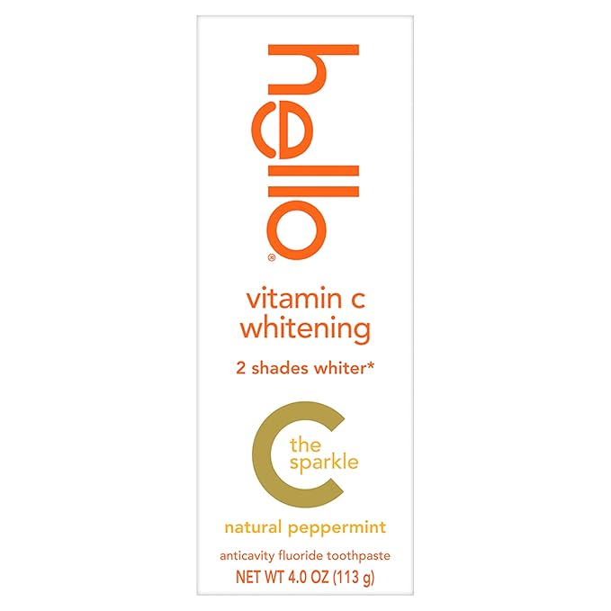 Hello Vitamin C Whitening Toothpaste with Fluoride, Whitening SLS Free Toothpaste, Up to 2 Shades Whiter Teeth, No Peroxide, Safe for Everyday Use, Natural Peppermint, 4.0 Oz