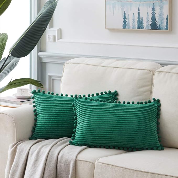 Fancy Homi Pack of 2 Boho Green Rectangle Decorative Throw Pillow Covers with Pom-poms, Soft Corduroy Accent Solid Cushion Case Set for Couch Sofa Bedroom Car Living Room (12x20 Inch/30x50 cm, Green)